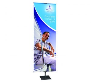standing banner with logo on it