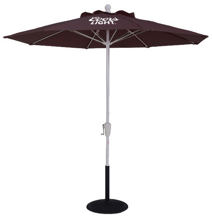 (Fr) Purple Premium Umbrella with fiberglass rods and silver powder coated aluminum pole with Coors Light branding, crank lift and black base.